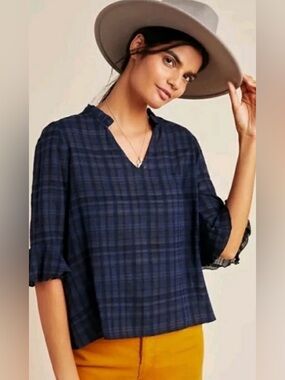 NWT ANTHROPOLOGIE Dolan Left Coast Plaid Tandy Ruffled Top size L